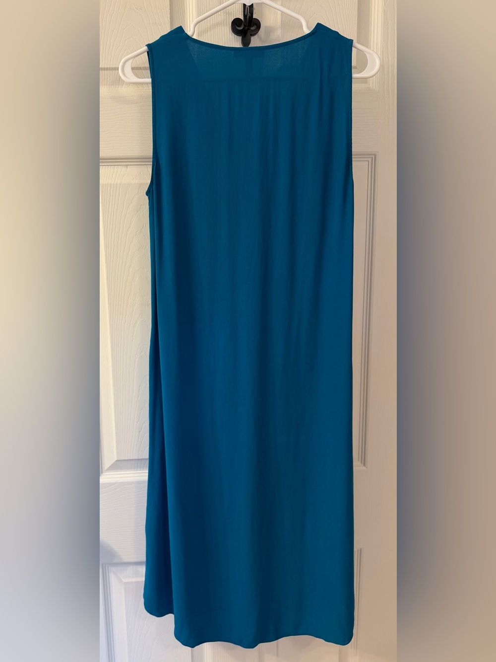 Eileen Fisher Silk Georgette Crepe V-Neck Pleat Shift Dress Teal Blue - Size XS - Picture 2 of 8